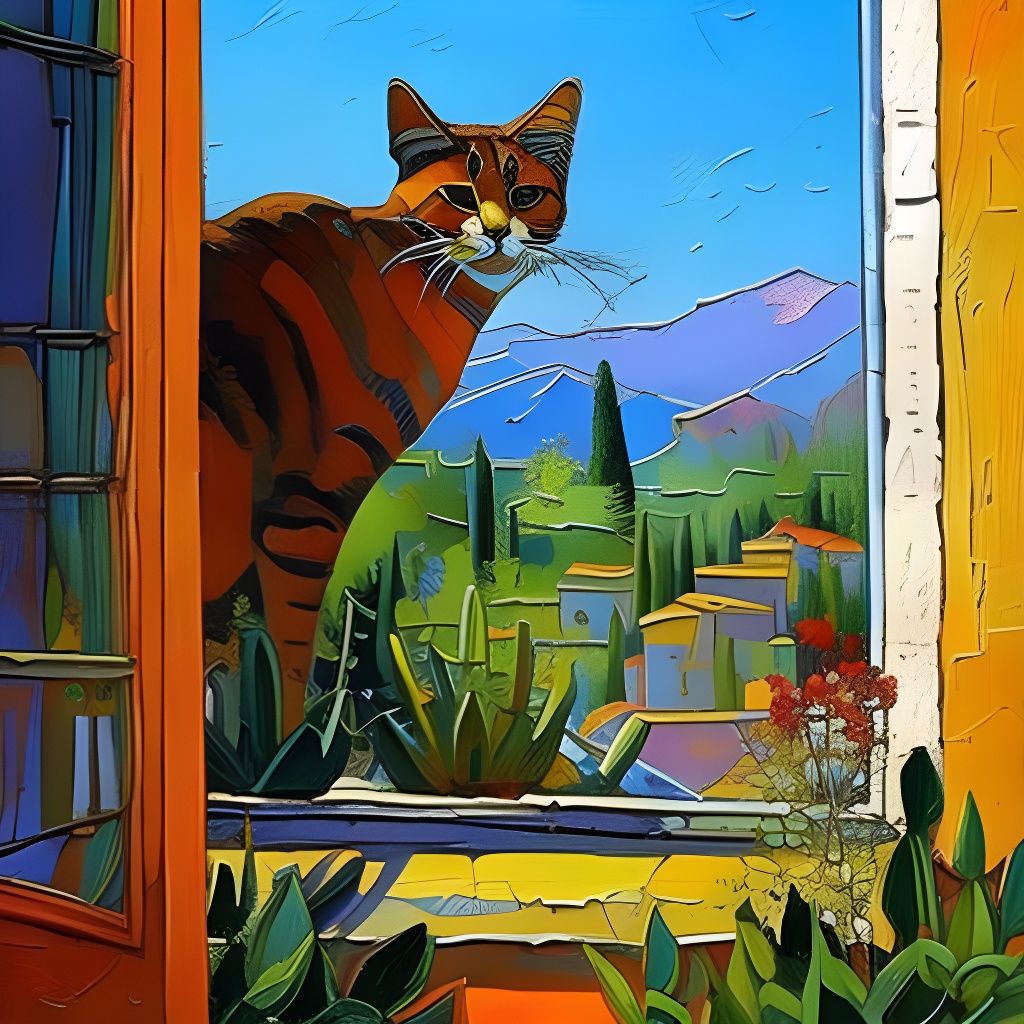 Cat Gazing at Mediterranean Village View