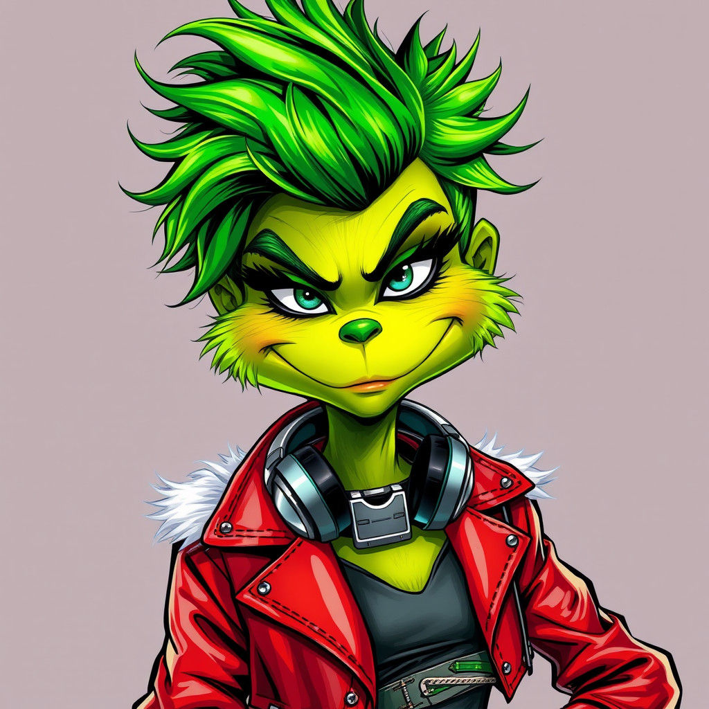 Edgy Female Grinch with Two-Tone Hair in Pop Art Style