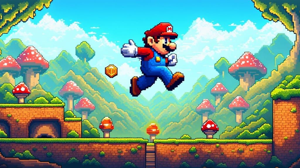 Super Mario Jumps Through Pixelated Mushroom Kingdom