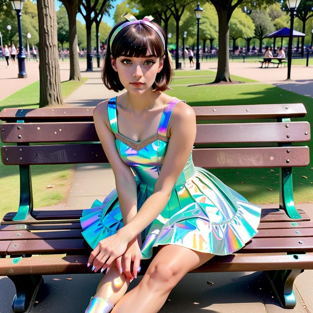 Young Woman in Iridescent Dress Sitting on Bench