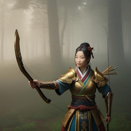 Woman Archer in Misty Forest, Oil Painting Style