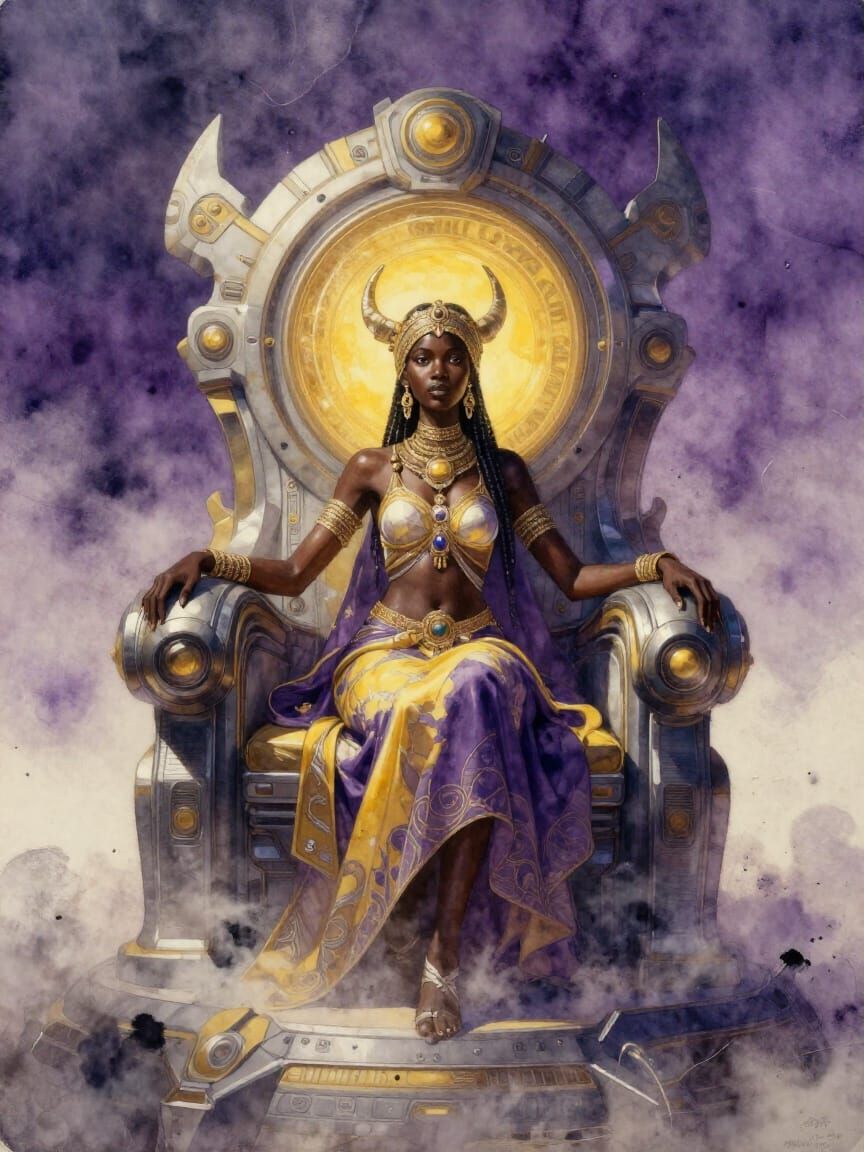 Futuristic East African Princess on Throne in Foggy Landscap...