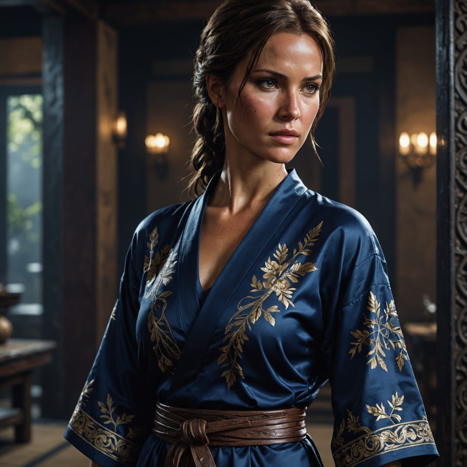 Lara Croft in Elegant Navy Blue Kimono Gown