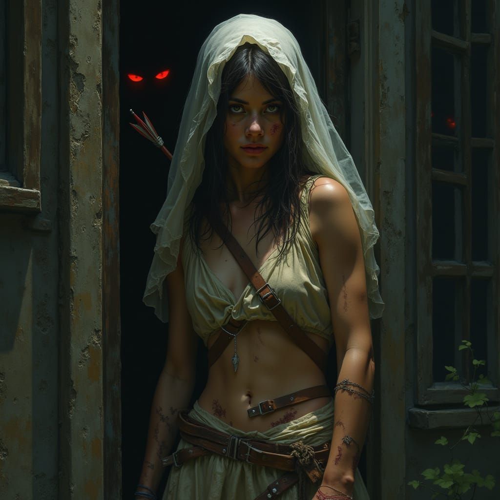 Warrior Woman Flees Dark Forest House with Red Eyes Watching