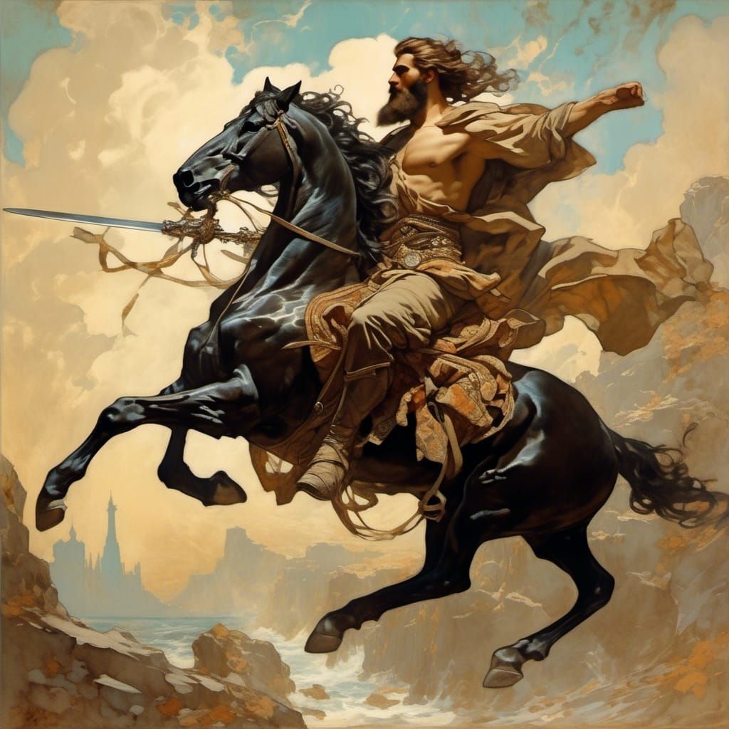 Ares on Warhorse: Alphonse Mucha-Style Painting
