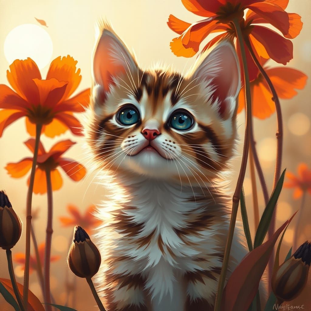 Adorable Kitten in Golden Autumn Light Oil Painting