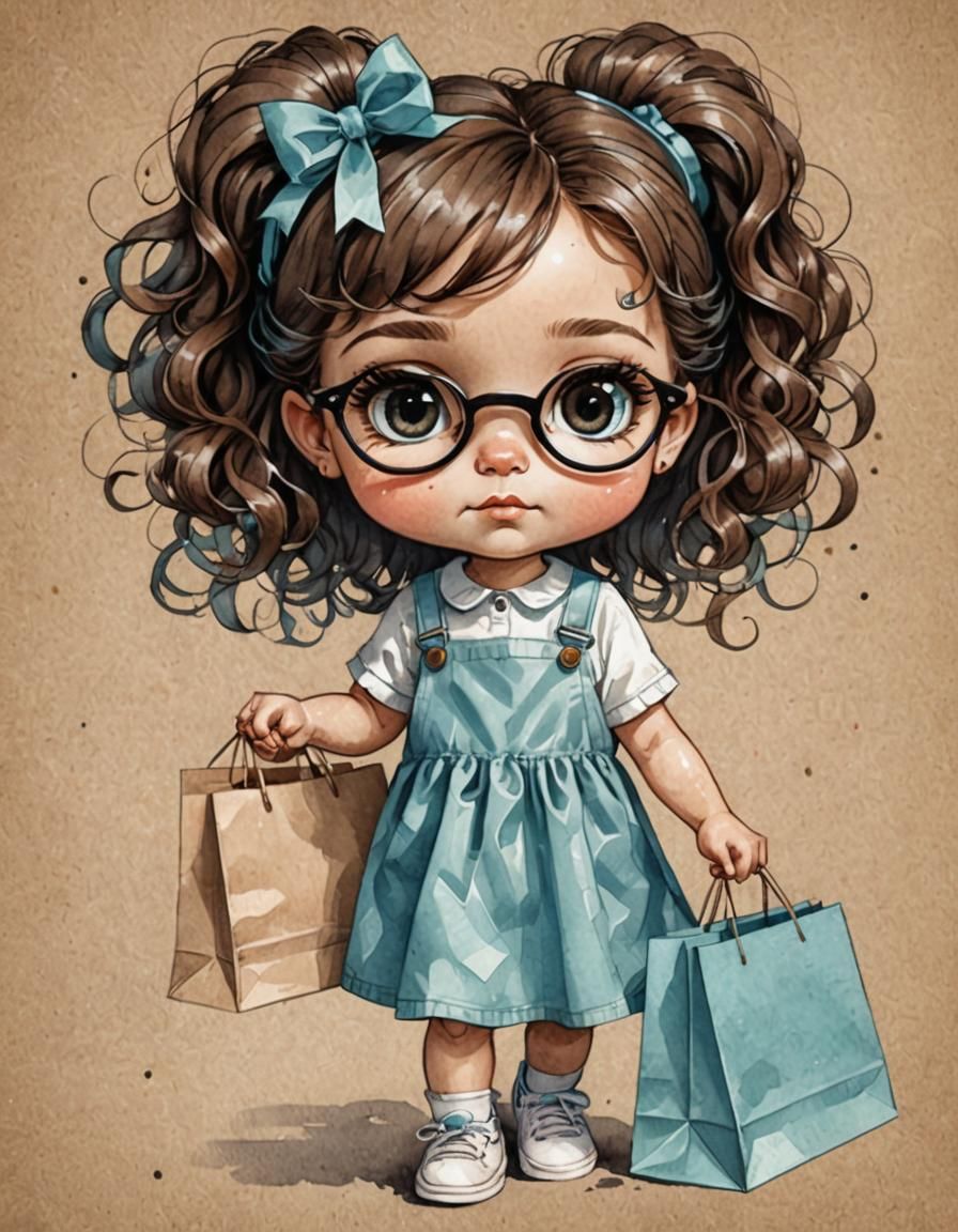Chibi Girl with Shopping Bags: Vintage Illustration