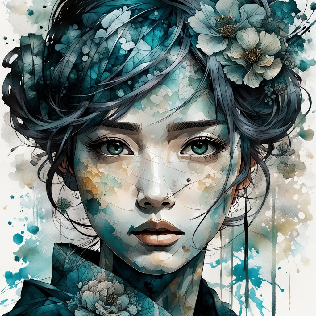 Anime-Style Portrait with Alcohol Ink and Wabi-Sabi