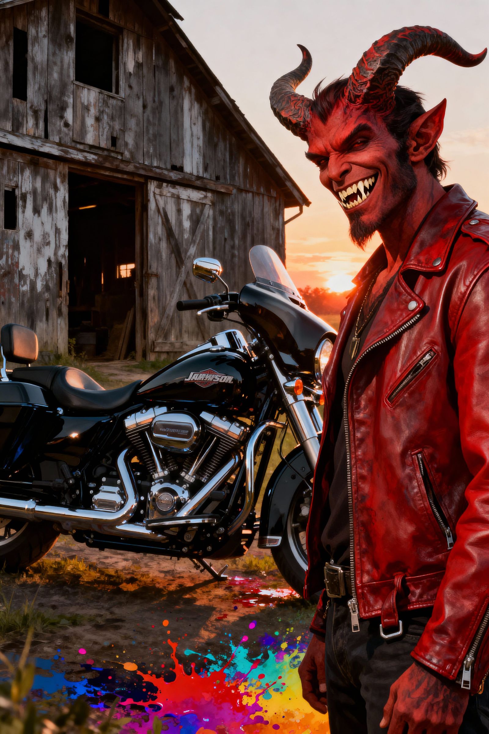 Laughing Devil Poses With Harley Davidson by Old Barn