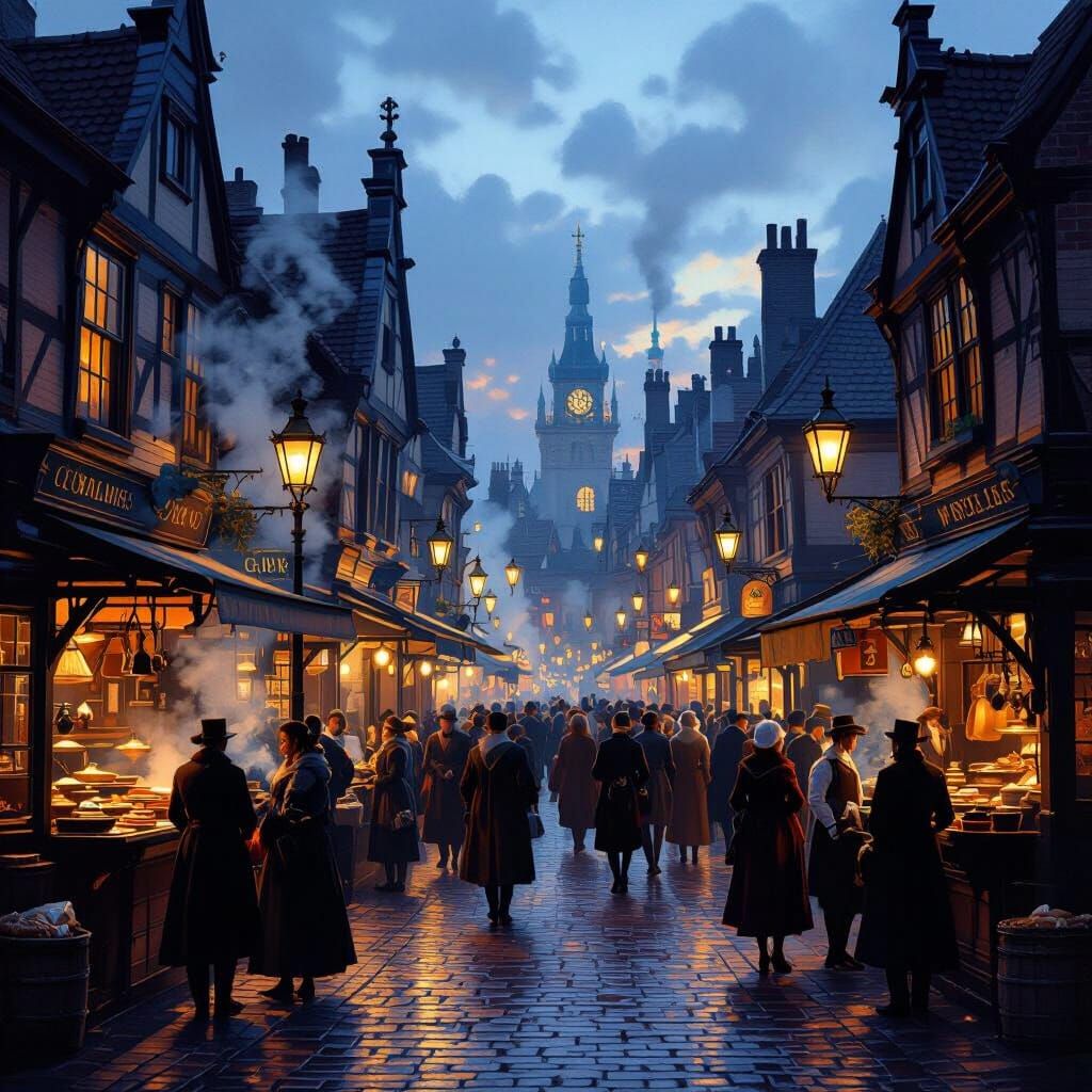 Victorian Marketplace at Twilight: Realistic Oil Painting