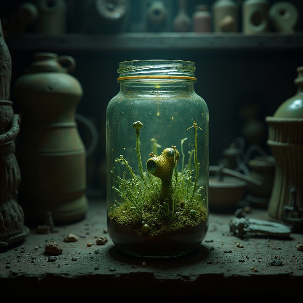 Alien Flora in Leaking Jar on Dusty Shelf