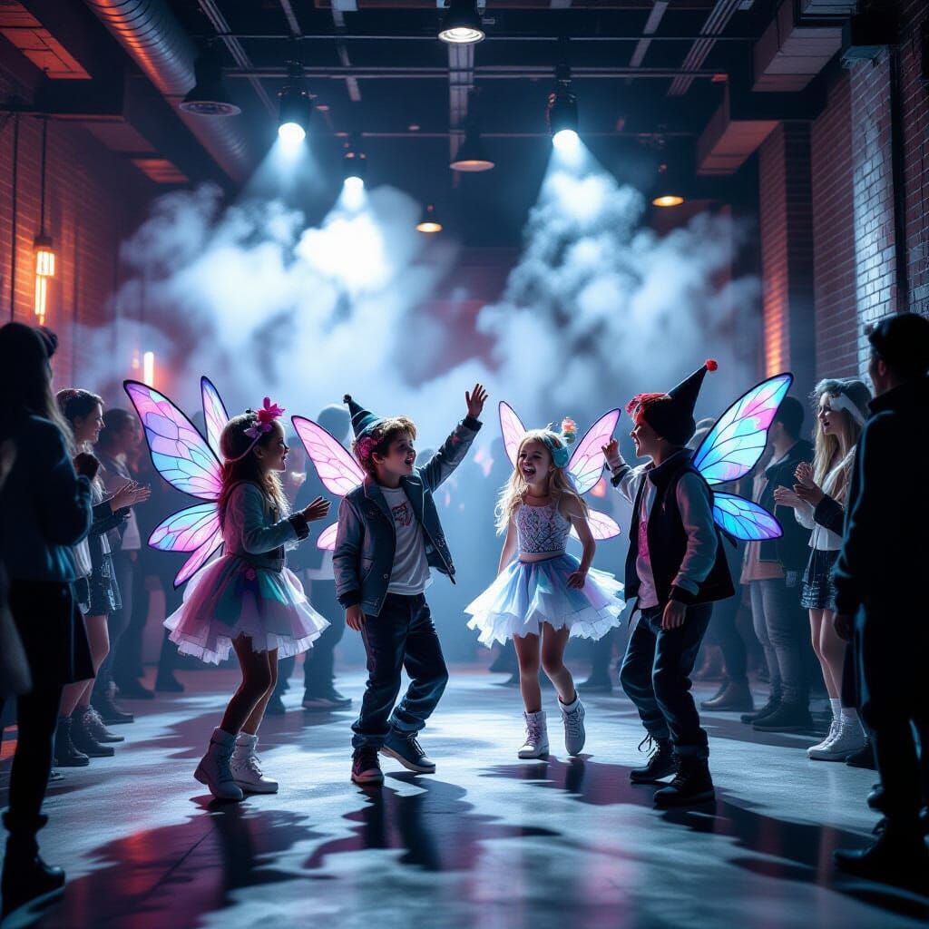 Fairy Party in Industrial Loft, Photorealistic Image