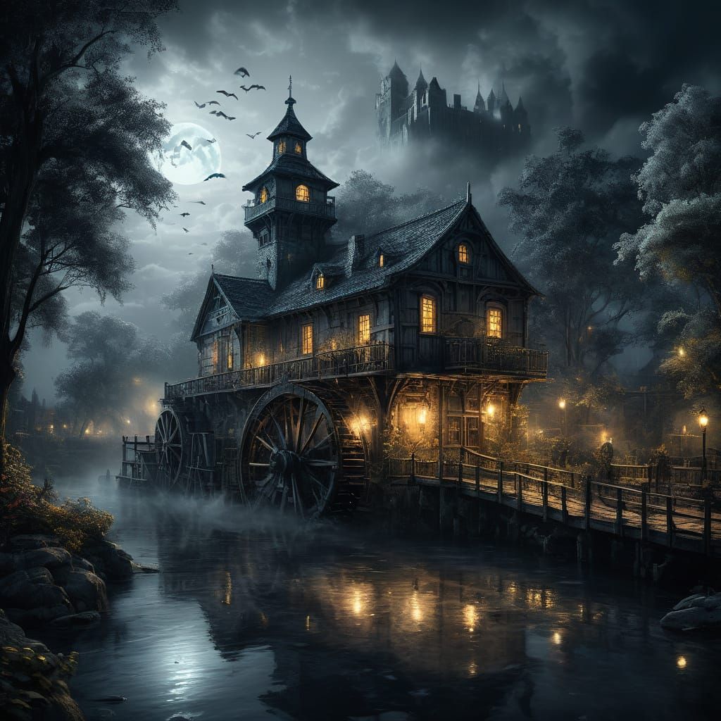 Ethereal Mill at Night: Whispers of Art Deco Magic