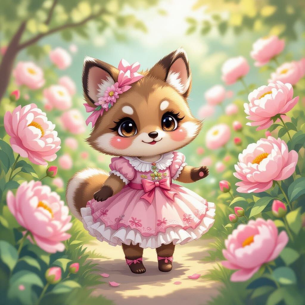 Chibi Tanuki in Harajuku Dress in Pastel Garden
