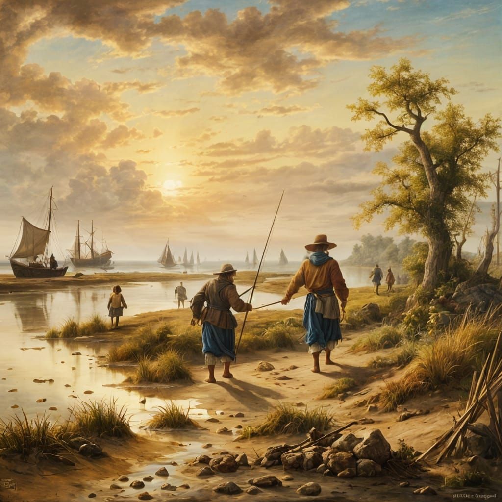 Beach Scene with Salt Workers in Renaissance Clothing