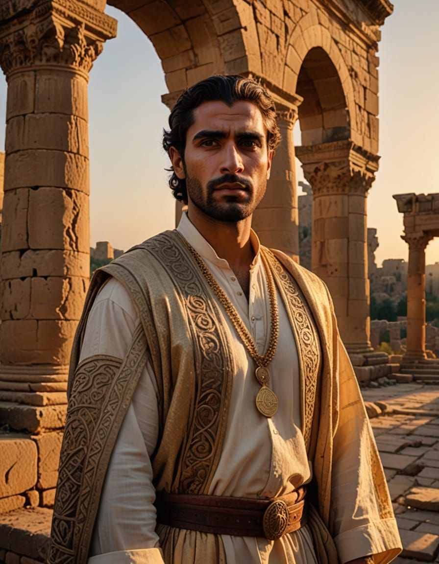 Confident Man in Middle East Ruins at Golden Hour
