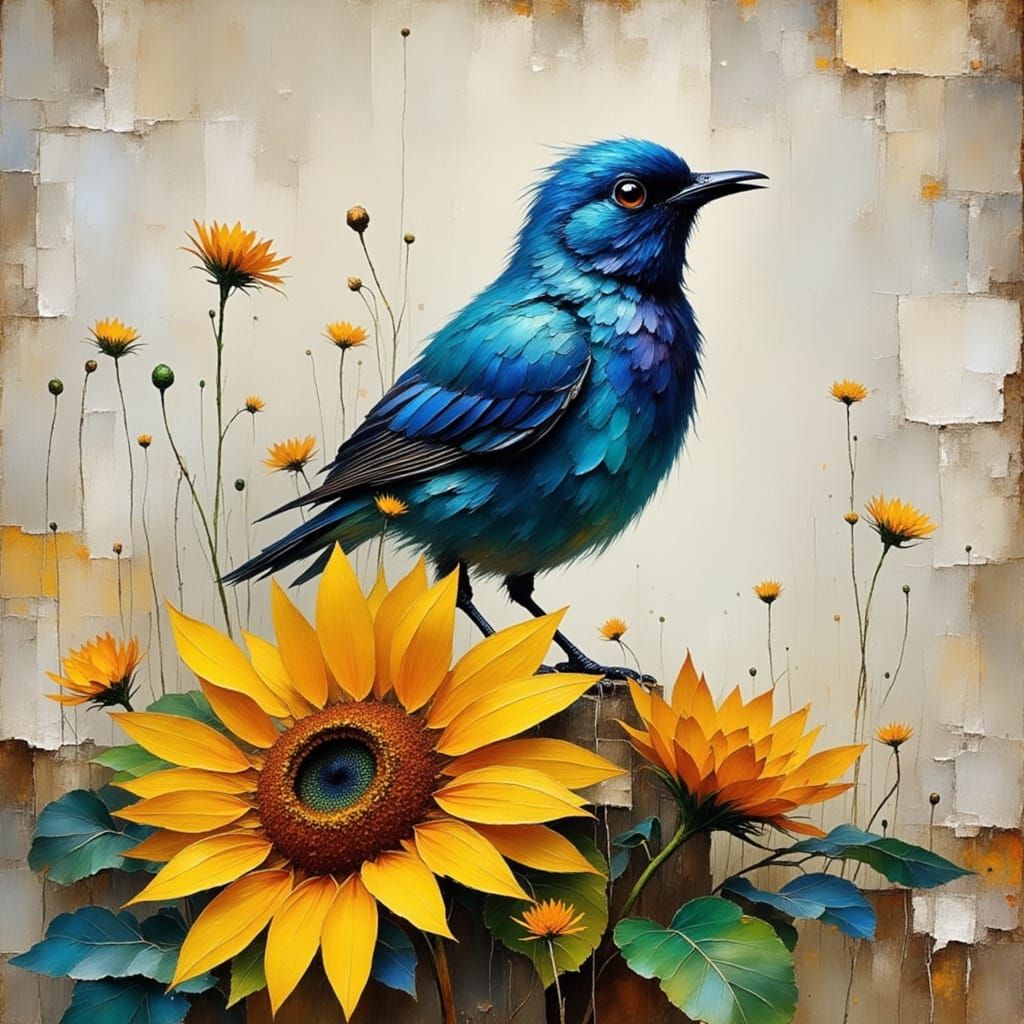 Ornate Yellow Bunting Bird on Textured Stucco