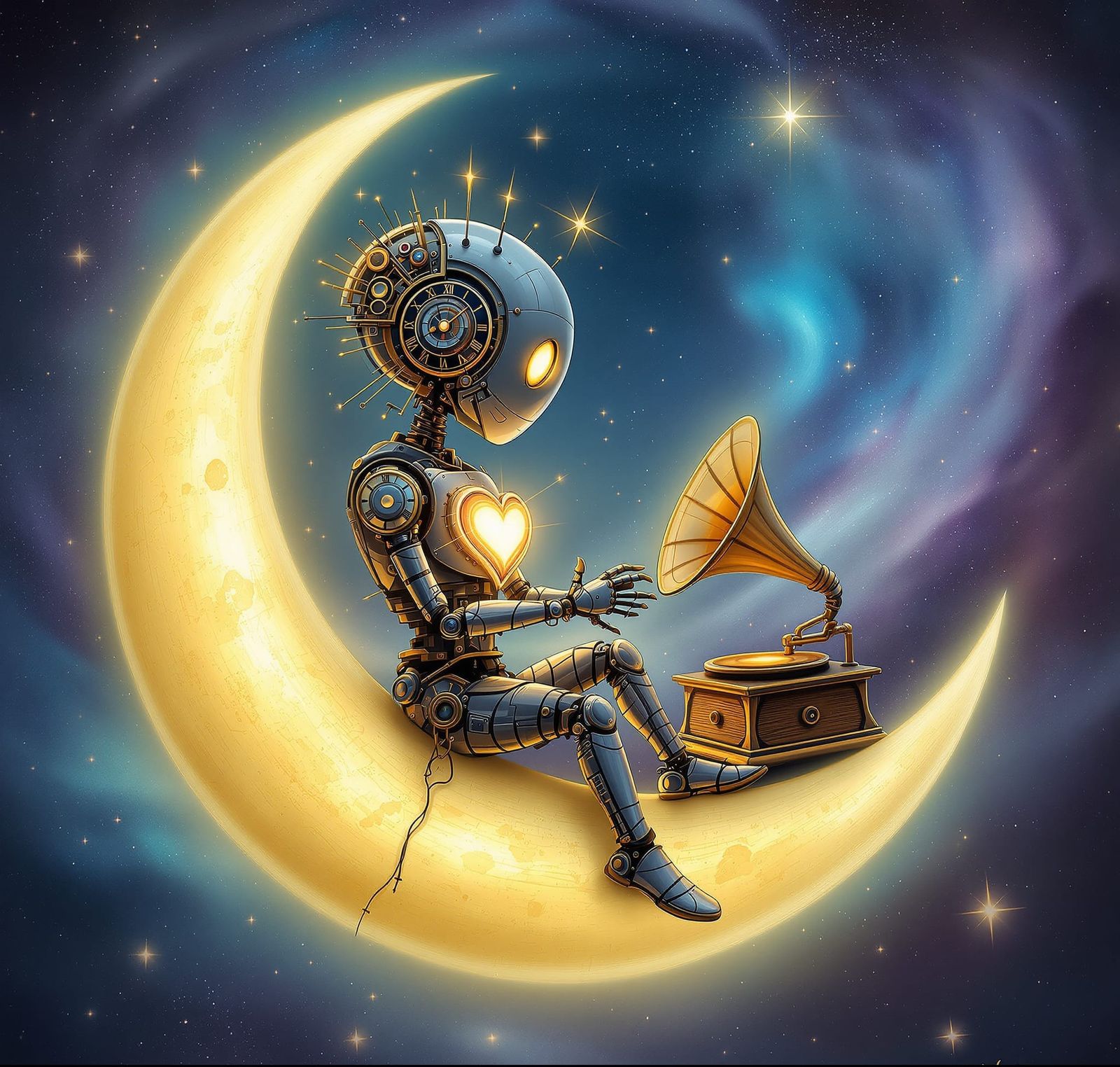 Surreal Robot on Moon Playing Gramophone Amidst Nebula