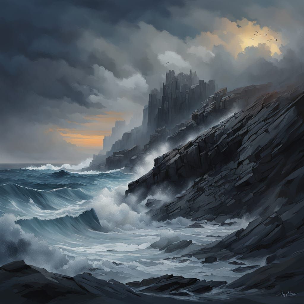 Turbulent Waves Crash Against Cliff in Digital Painting