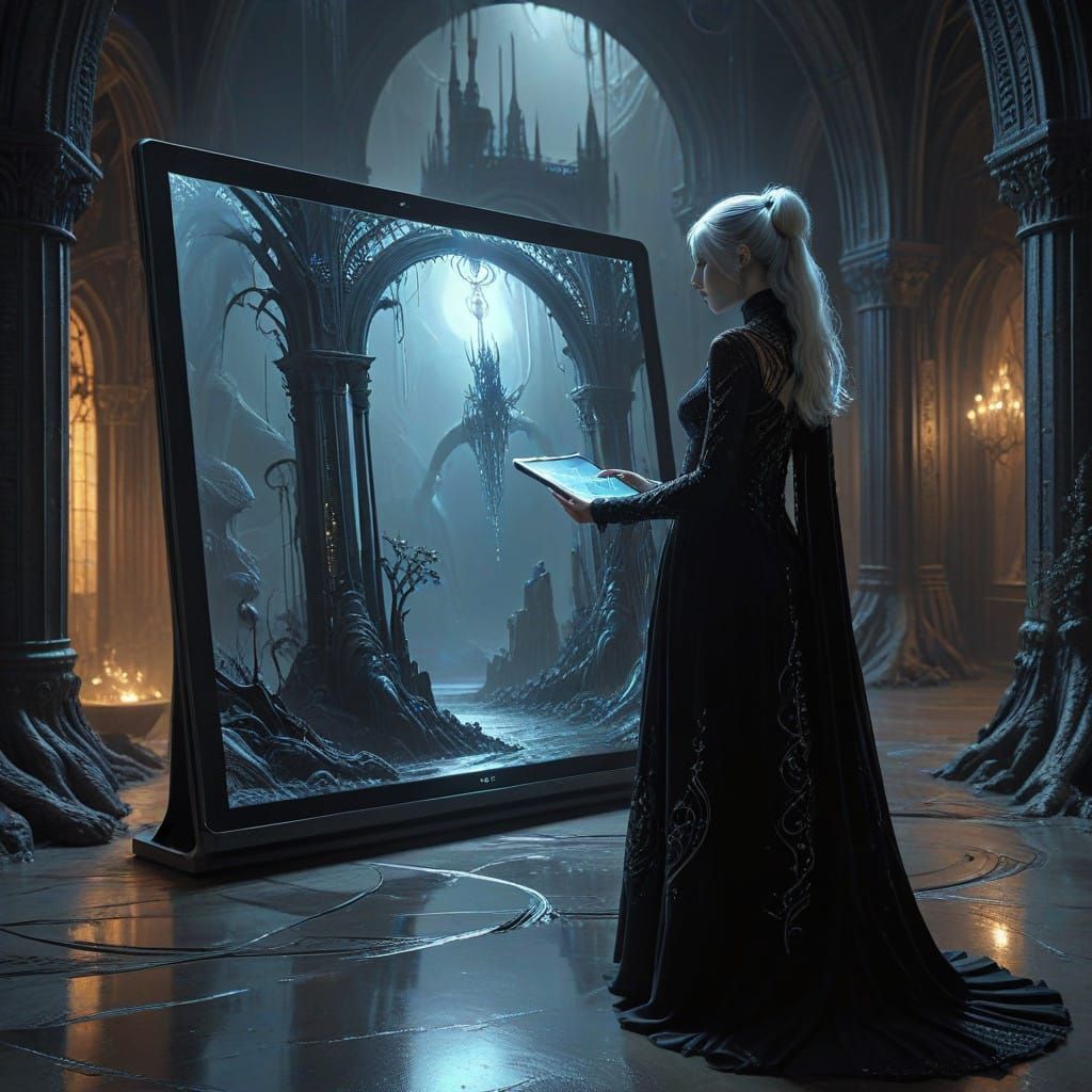 Surreal Witch Displays Futuristic Tablet with Ancient Mystic...
