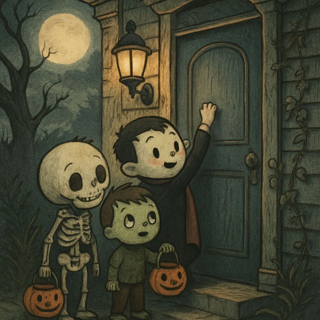 Cute Monsters Trick-or-Treating at a Spooky House