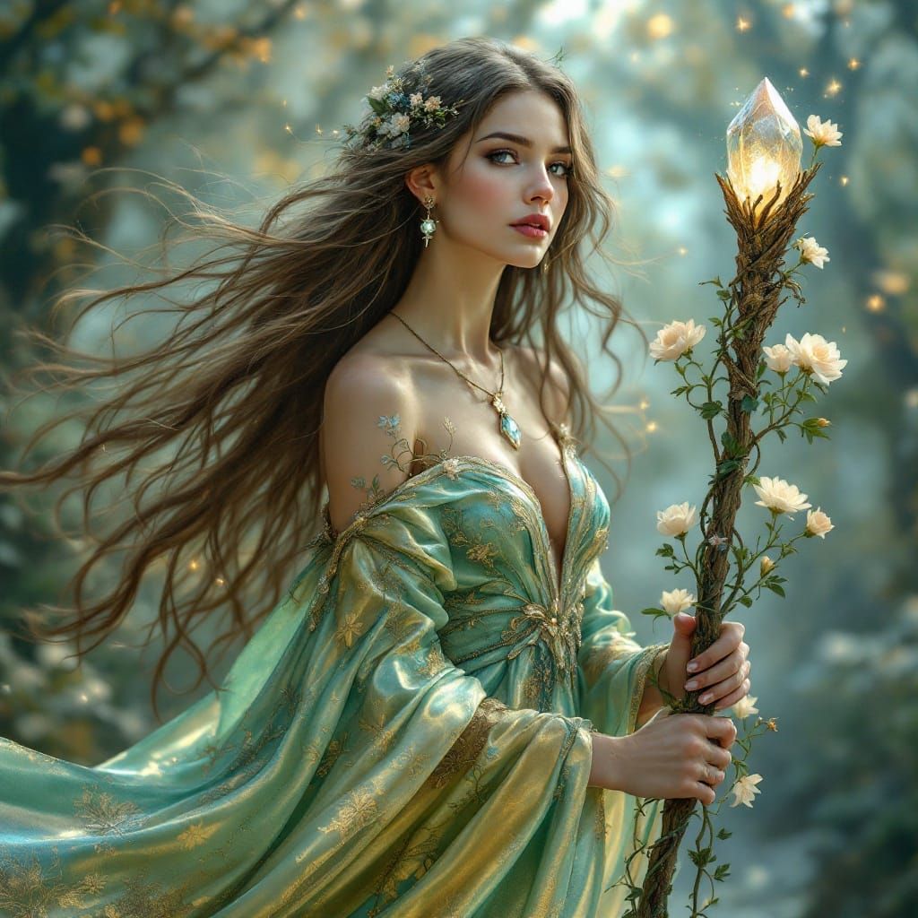 Ethereal Goddess in Vibrant Gown and Mystical Staff
