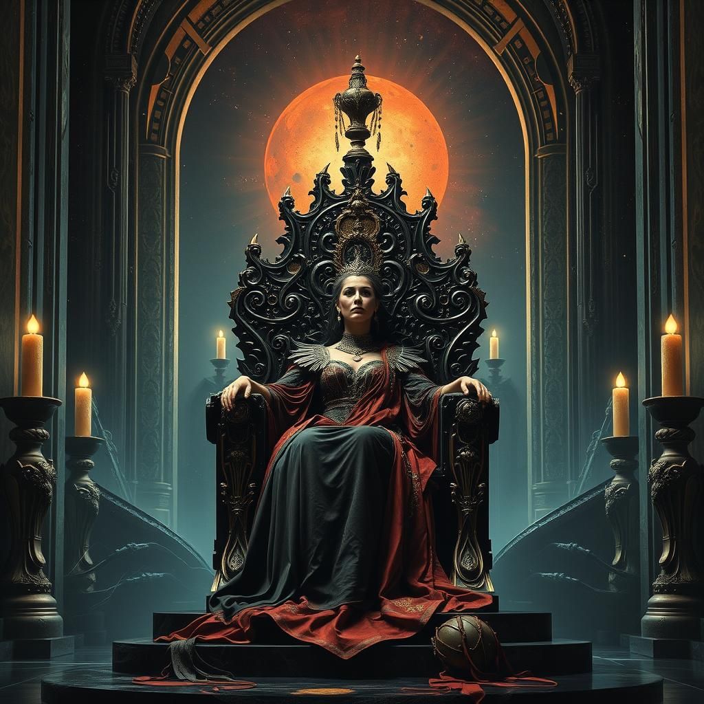 Dystopian Queen on Throne in Art Deco Style