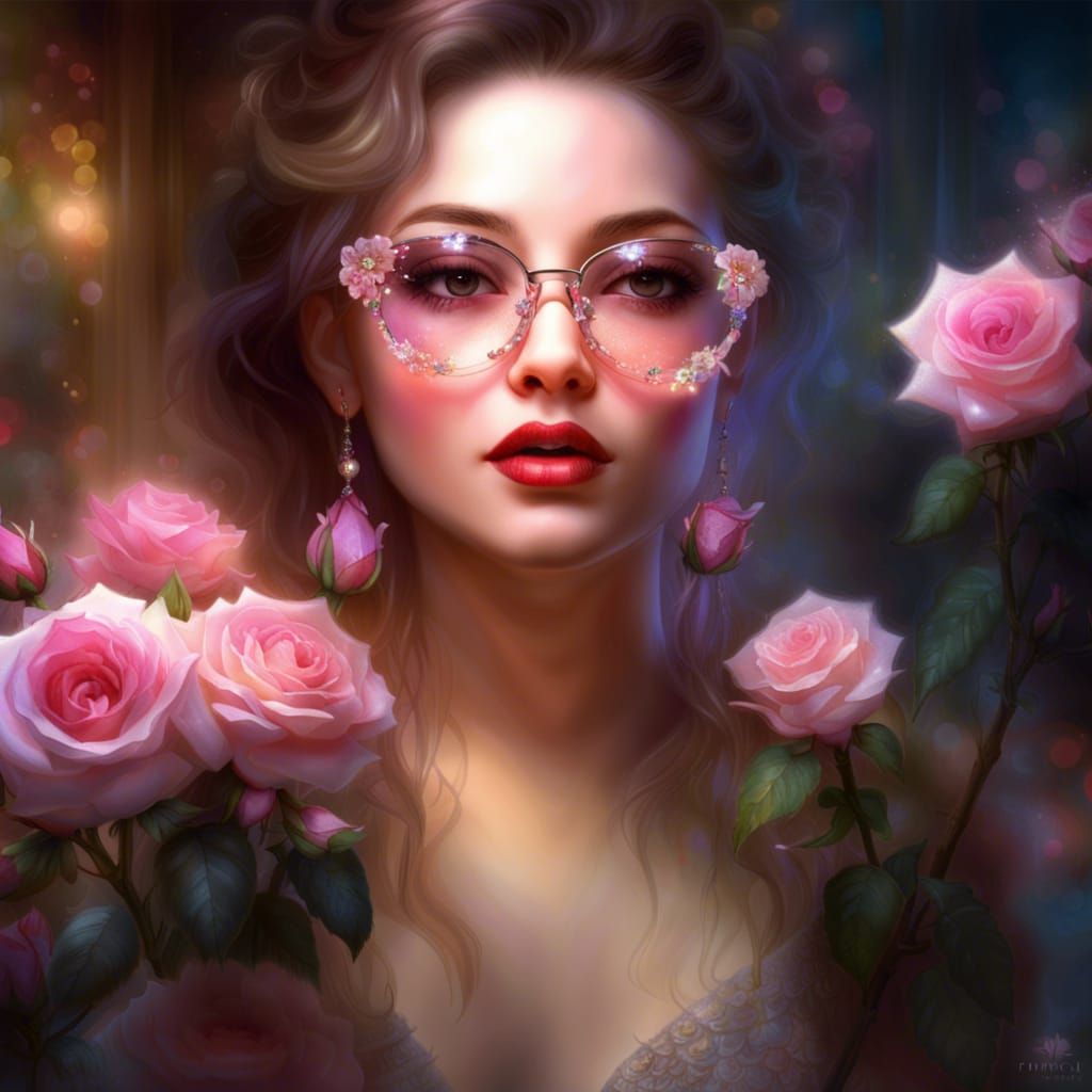 Rhinestone Glasses Woman with Roses: Digital Art