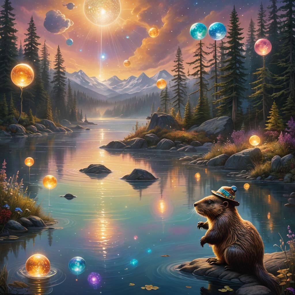 Beaver in Glowing Hat by Misty Lake
