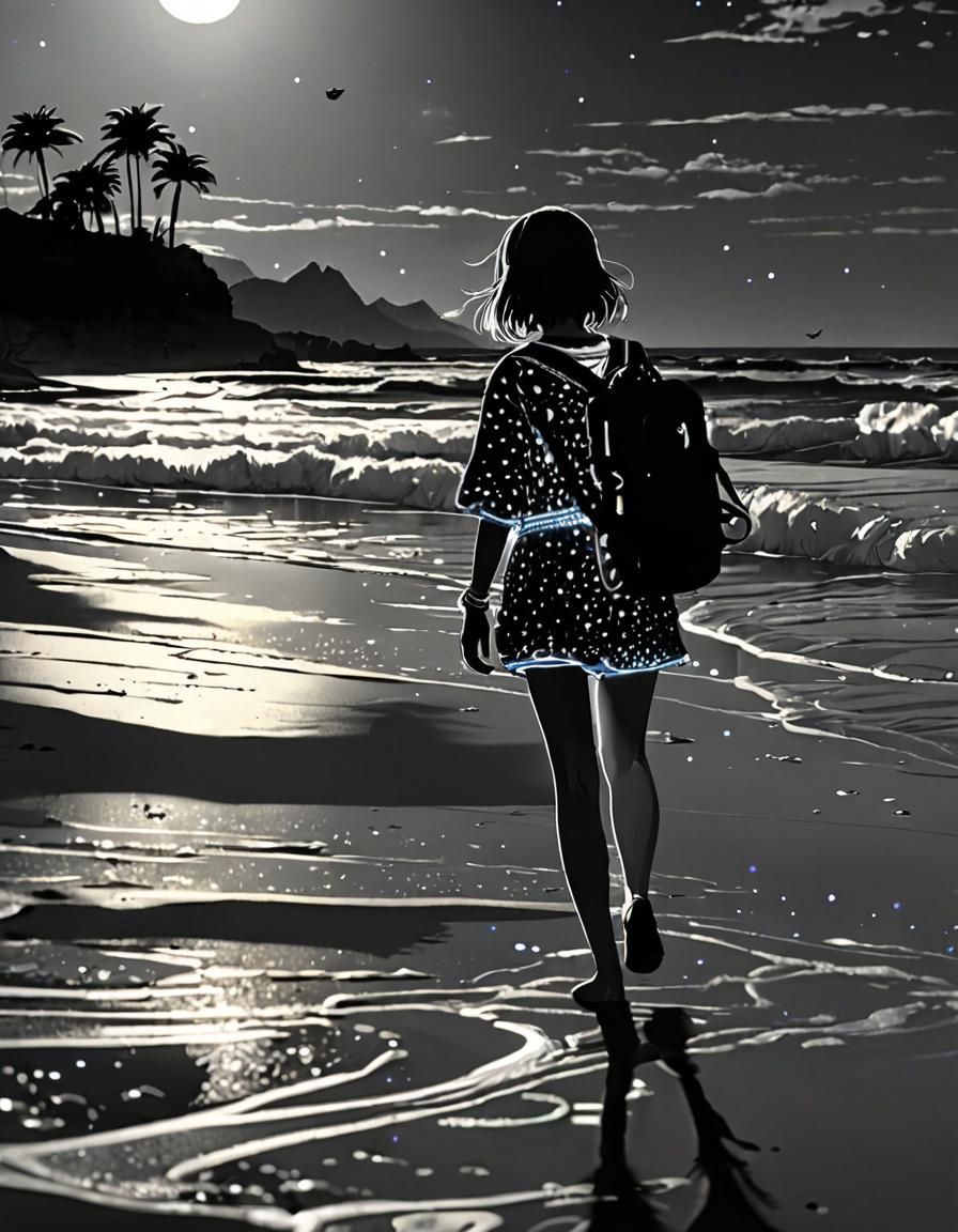 High Contrast Beach Scene with Holographic Sandpiper