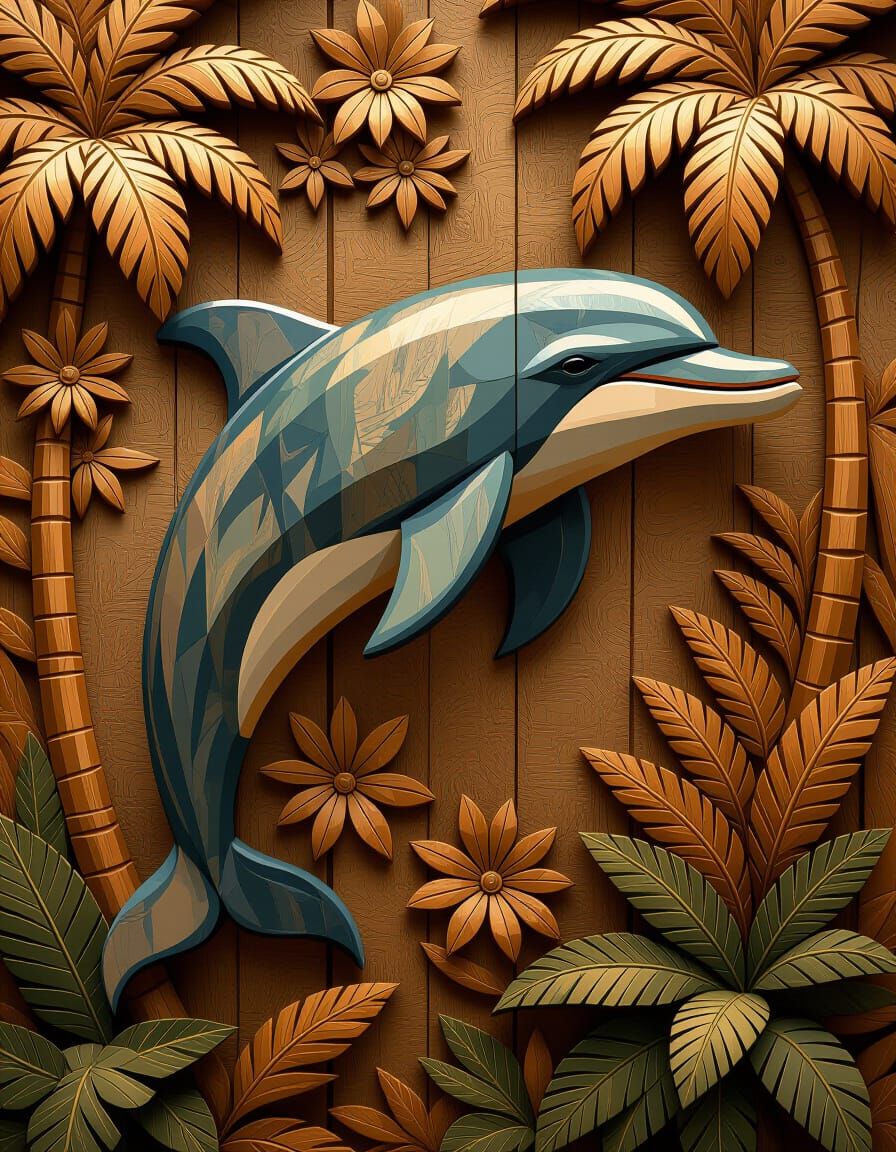 Hyperrealistic Wood Carving of Dolphin with Tropical Island