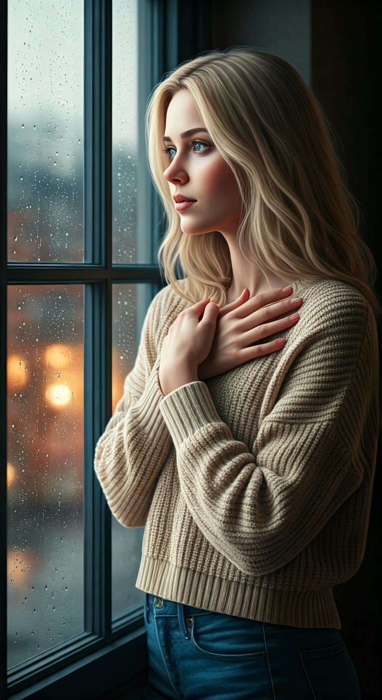 Woman Gazing at Rainy Street: Cinematic Style