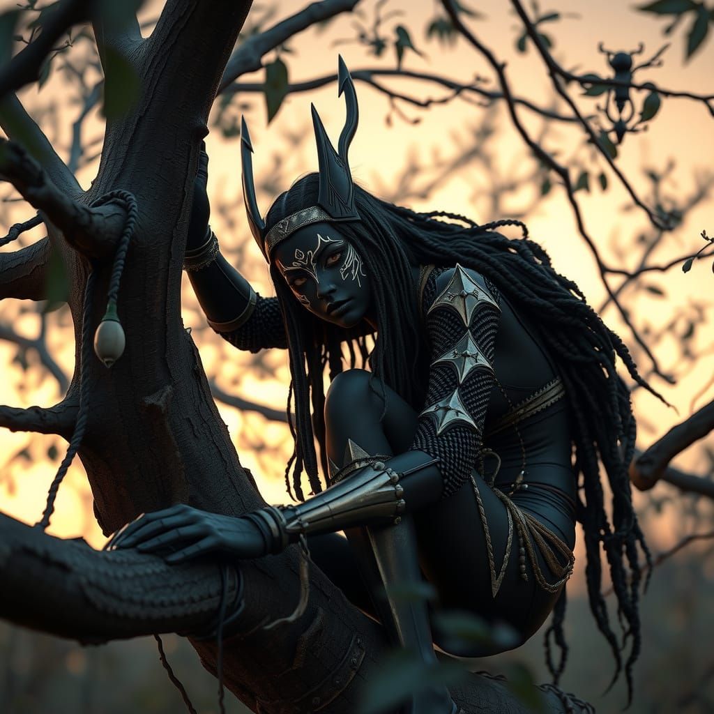Goth Tribal Huntress in Sunset, 3D Anime Art