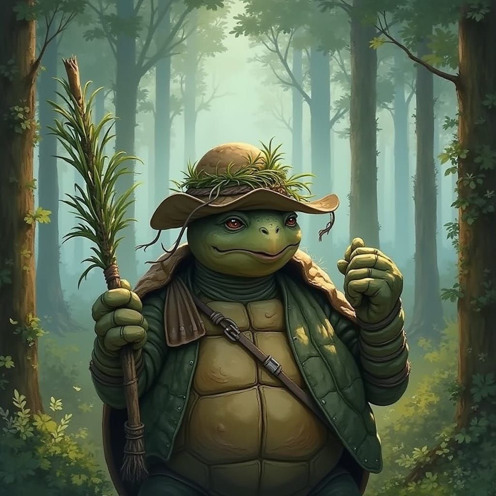 Fantasy Tortle Warrior in Earth-Toned Hat with Golden Shell