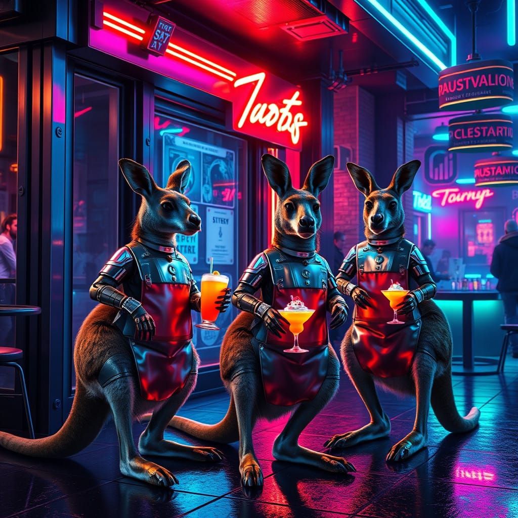Cyberpunk Kangaroo Waiters in a Futuristic Neon Bar