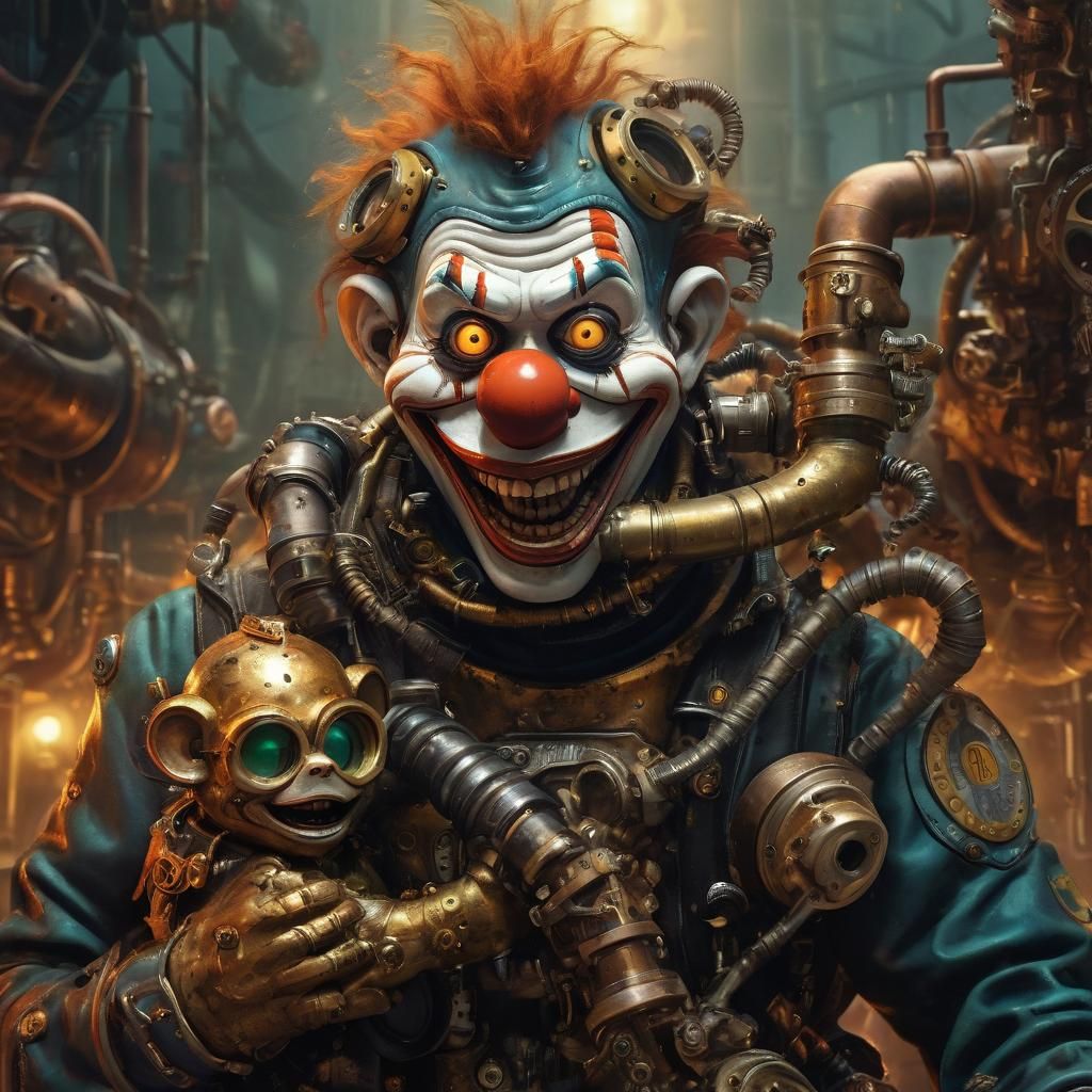 Steampunk Clown Scuba Diver with Zombie Monkey