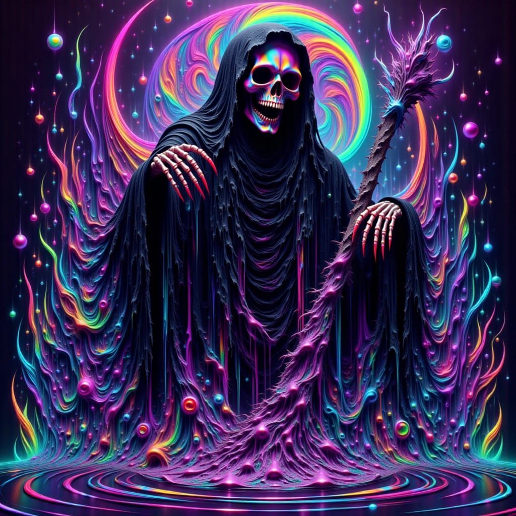 Grim Reaper Dissolves in Vibrant Surrealist Dreamscape