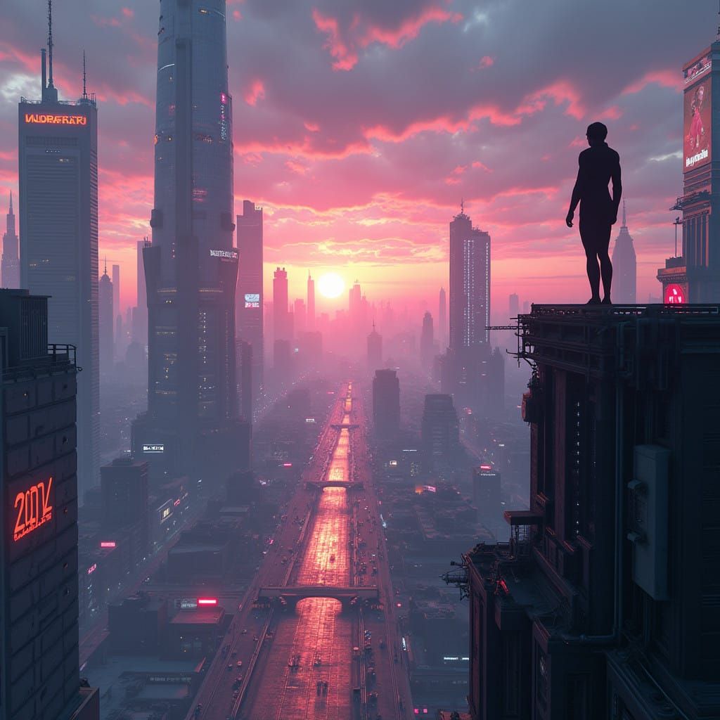 Surreal Cityscape at Dusk in Cyberpunk Style