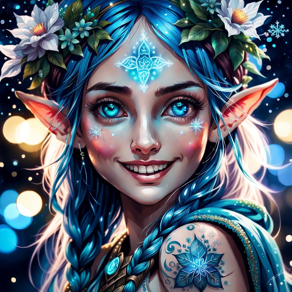 Adorable Elf Girl with Glowing Eyes and Tattoos