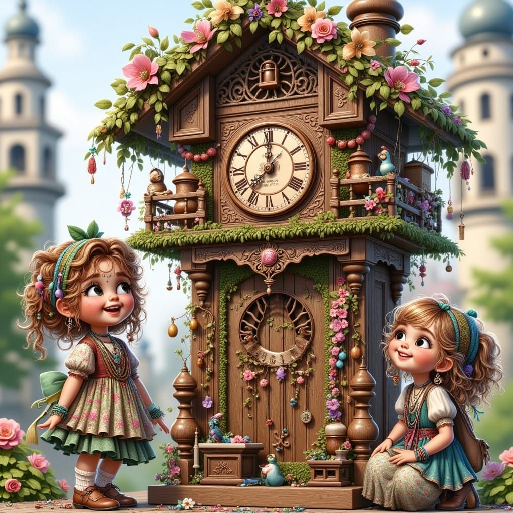 Elaborate Cuckoo Clock with Children in Bavarian Attire