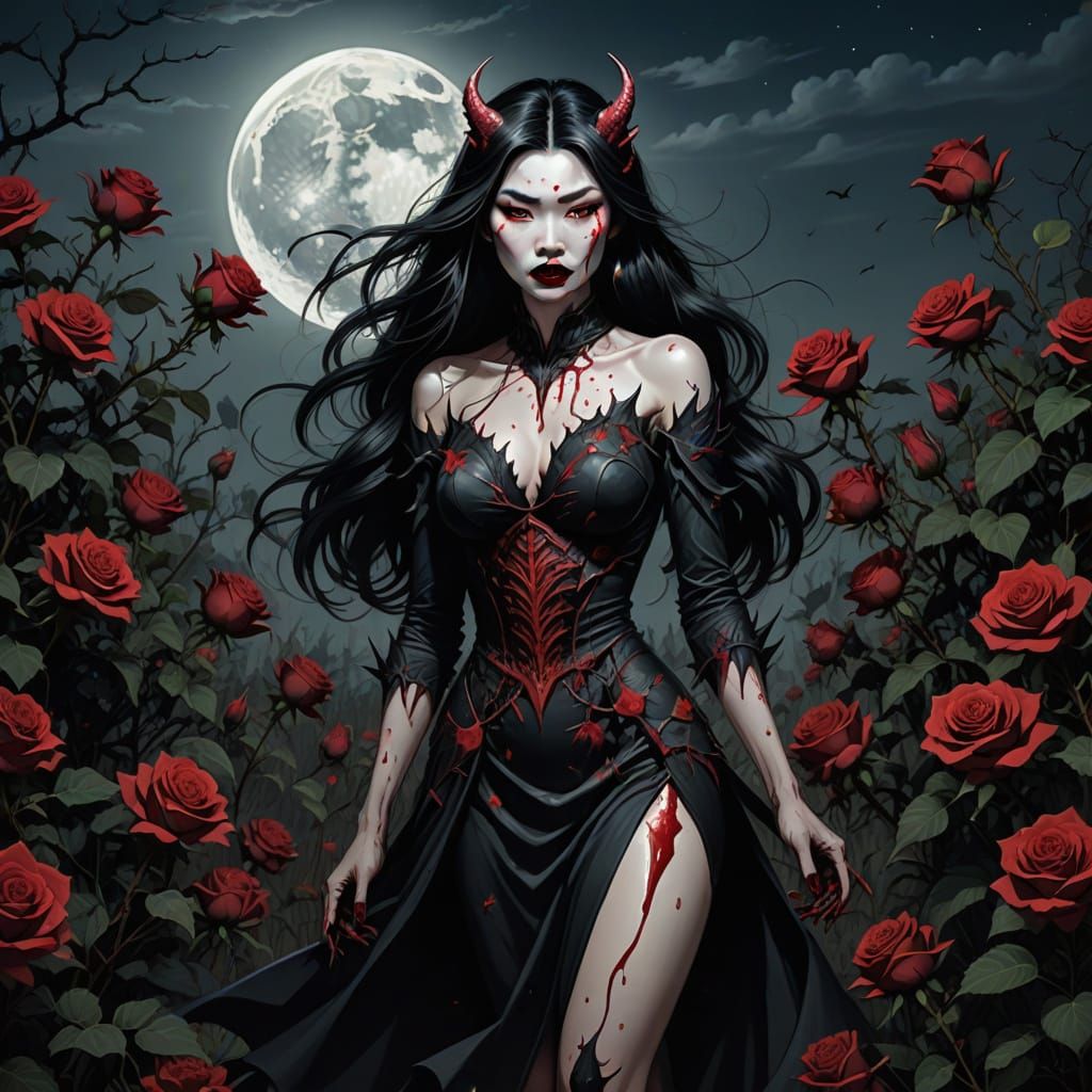 Fierce Asian Woman in Thorny Rose Field