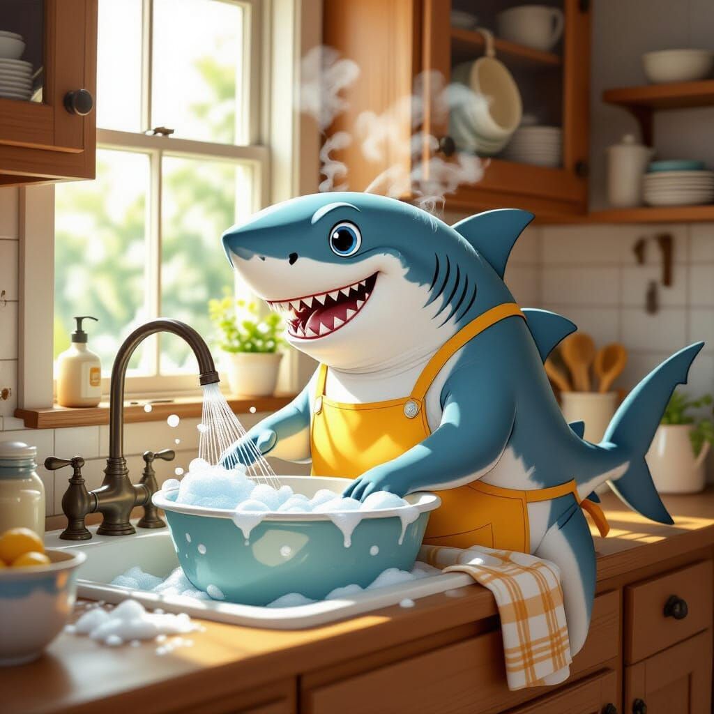 Friendly Mother Shark Doing Chores in a Sunny Kitchen
