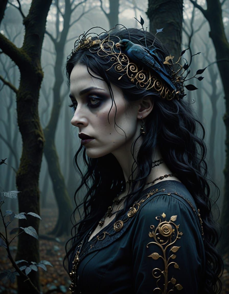 Gothic Woman in Misty Forest, Noir Pop Surrealist Art