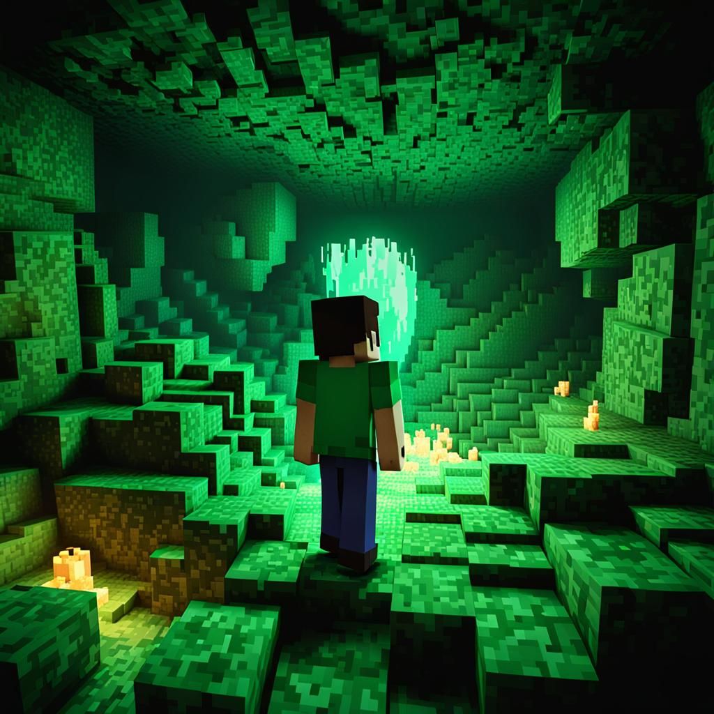 Herobrine in Dark Minecraft Cave: 3D Cinematic Render