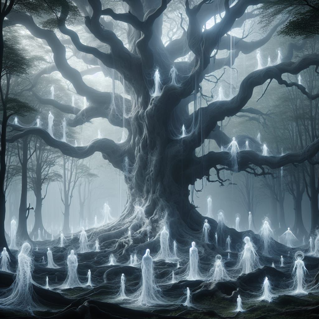 Ethereal Spectral Figures in Misty Forest Scene