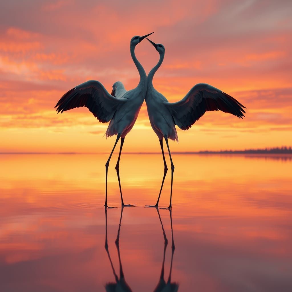 Elegant Courting Cranes in Sunset Serenity