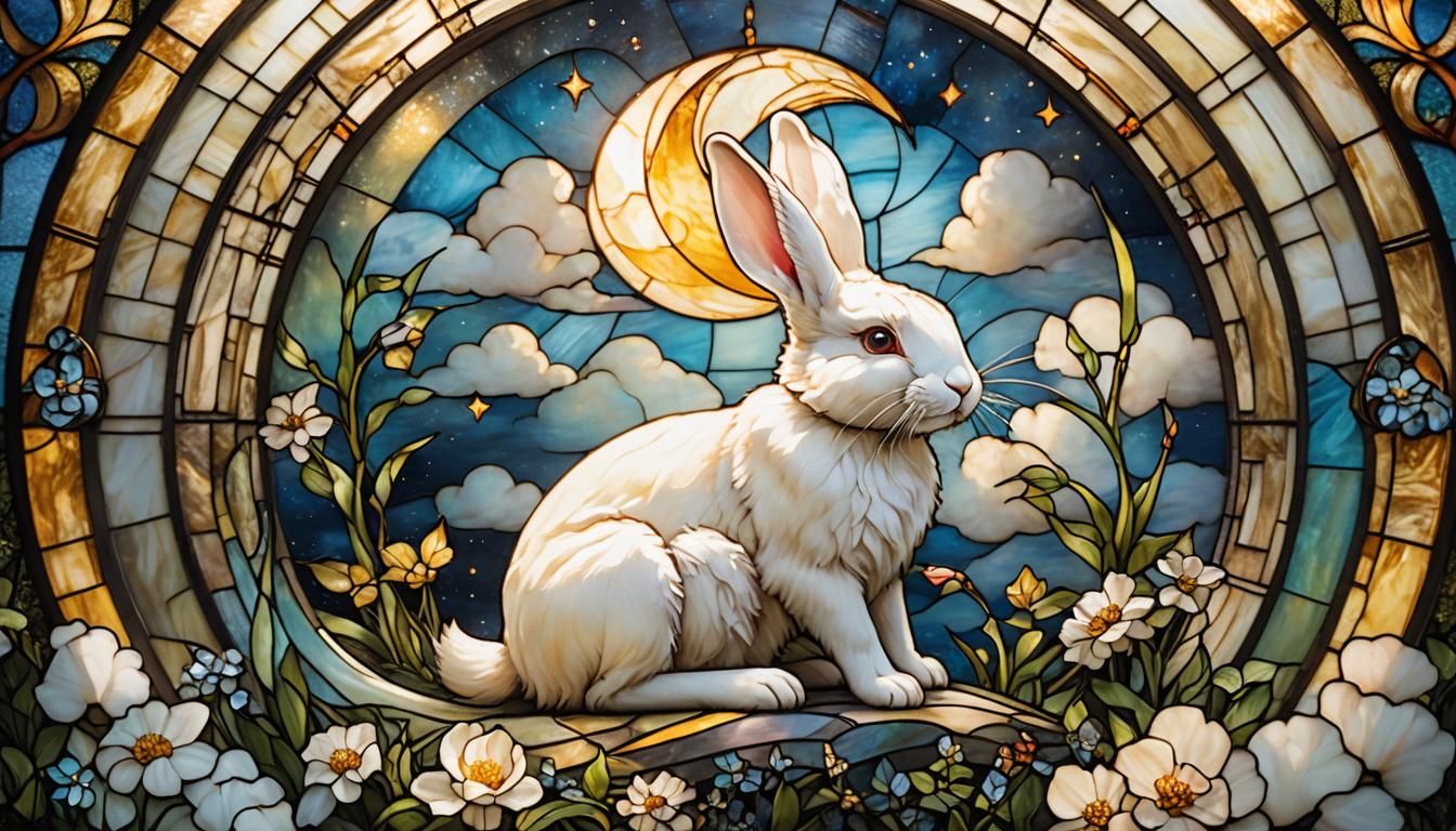 Rabbit on Moon in Stained Glass Style