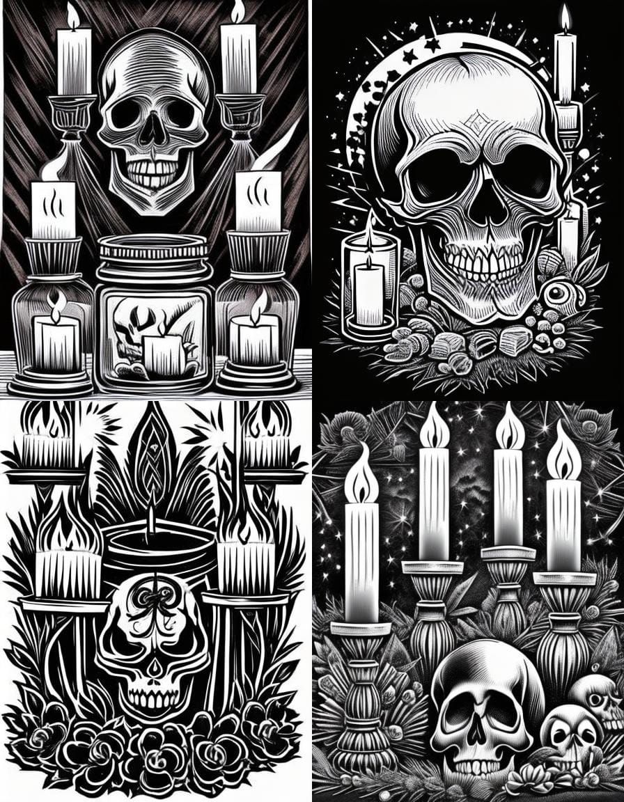 Skull and Candles Tattoo Stencil in Black and White