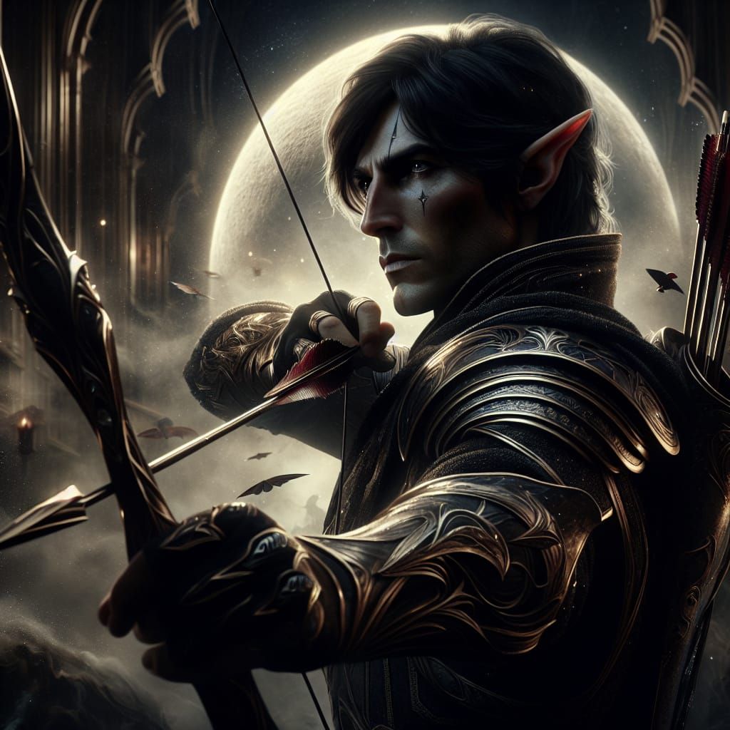 Elf Warrior with Moon Bow: Dark Fantasy Scene