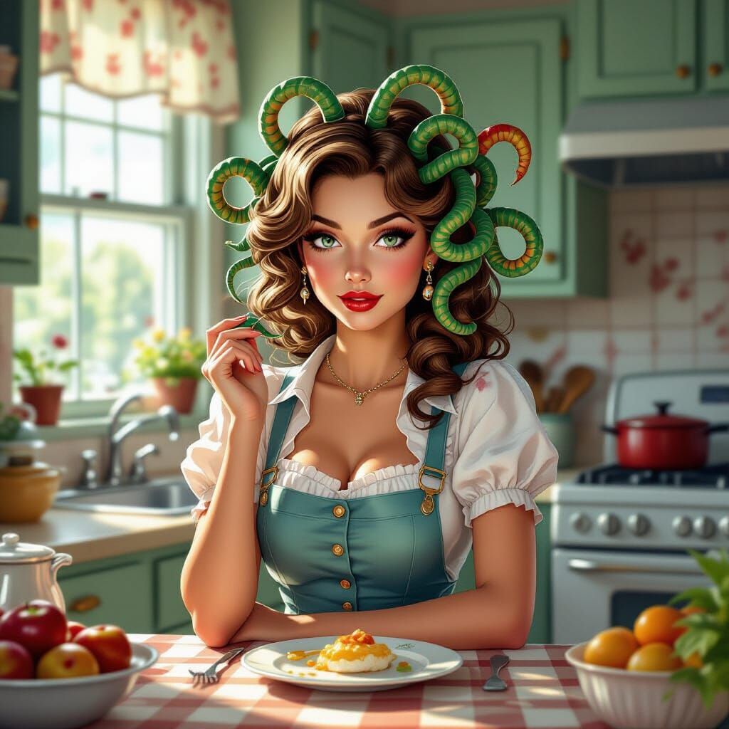 Medusa Tradwife in 1950s Kitchen Hyperrealistic Art